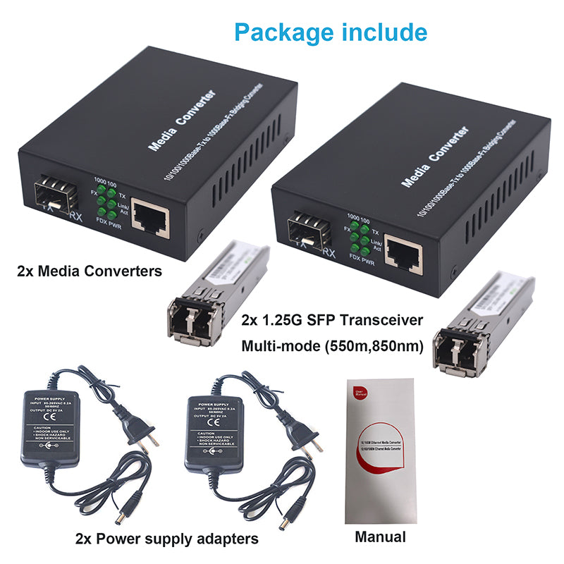 1.25G Bi-Di Gigabit Multi-Mode Fiber Media Converter (A pair), SFP slot, with 2 Bidi SFP LC Fiber Module, MMF, 850nm, up to 550meters – 2 Pack