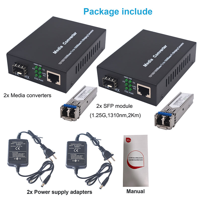 Multi-Mode LC Gigabit Dual Fiber Media Converter - Include 2 LC SFP Transceiver 2Km, Wavelenth 1310nm, LC to UTP Cat5e 10/100/1000 RJ-45 –Gigabit Ethernet Speed, 2 Pack