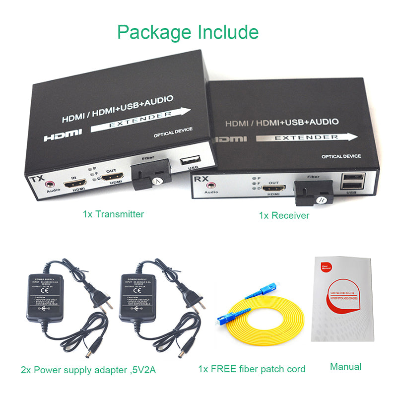 HDMI extender over fiber with KVM and stereo 3.5mm Audio, 1080P HDMI fiber converters, SC Singlemode 20Km and Multimode 500m A pair
