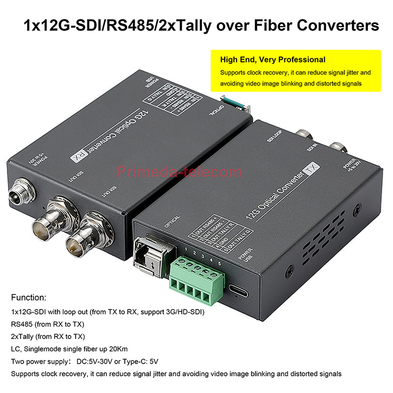 Portable 1x12G/3G-SDI Video /RS485/2xTally over Fiber Optic Converters Adapter LC SFP Singlemode Single Fiber up 10Km, Uncompressed HD Transmission No delay, with clock recovery, For UHDTV 4K 8K HDTV, A set