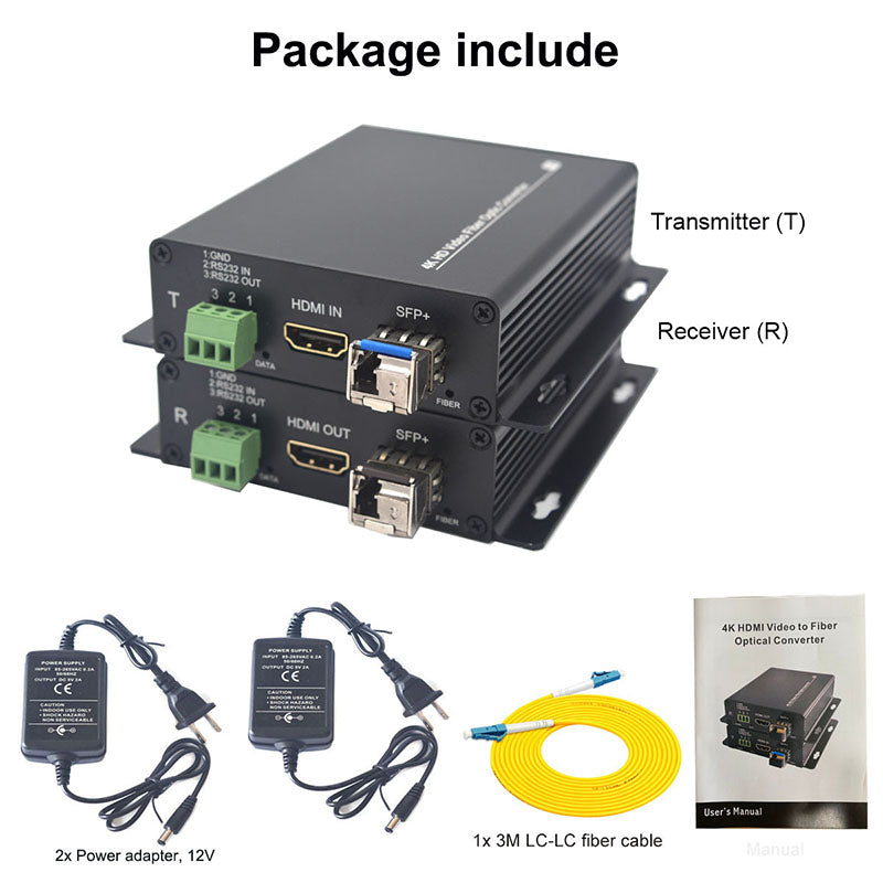 4K HDMI RS232 over Fiber Optic Converters,with Two 10G SFP transceiver,LC Singlemode Single Fiber up to 10Km, Multimode 500m- A Pair.