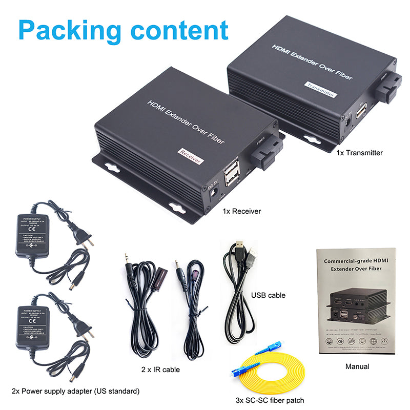 HDMI over Fiber Optic Extender with KVM and 3.5mm Audio and IR -Full HD 1080P HDMI to Fiber Optic converter Single-Mode up 20KM,Multimode 500m