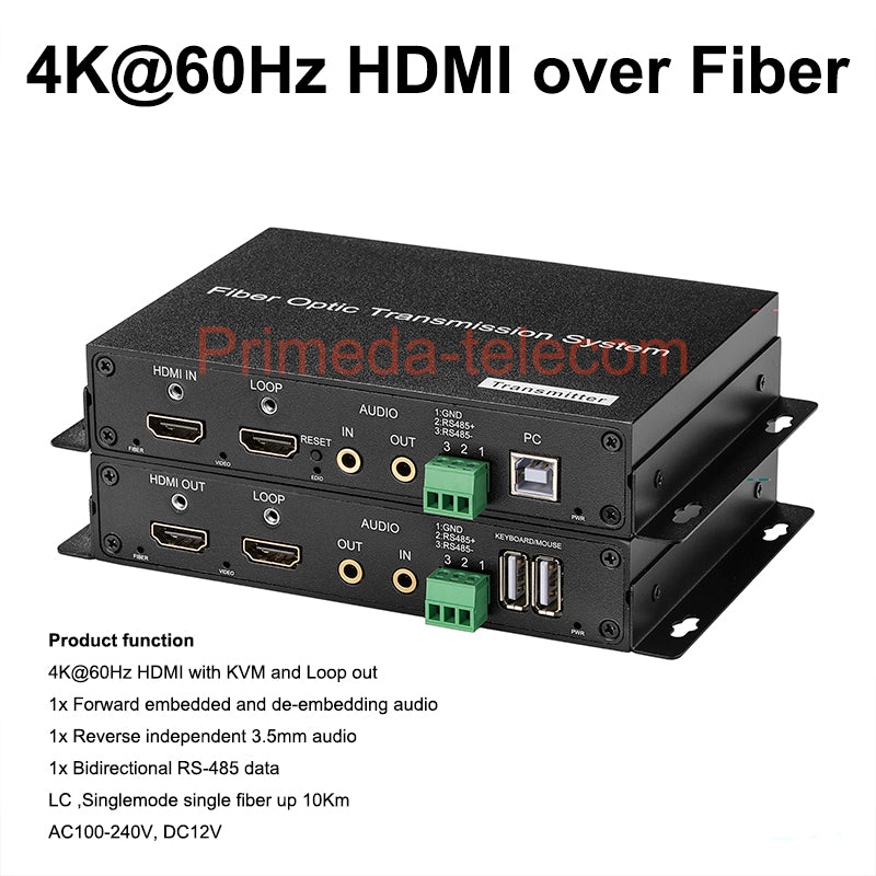 4K HDMI Over Fiber Converter LC with KVM USB and 3.5mm audio and RS232 RS485 Singlemode up 10Km Uncompressed 10G SFP Transceiver Included up 4K@ 60Hz A Pair