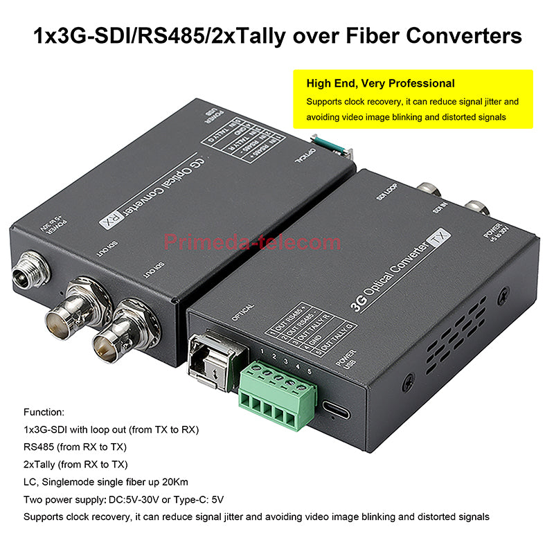 Portable 1x12G/3G-SDI Video /RS485/2xTally over Fiber Optic Converters Adapter LC SFP Singlemode Single Fiber up 10Km, Uncompressed HD Transmission No delay, with clock recovery, For UHDTV 4K 8K HDTV, A set
