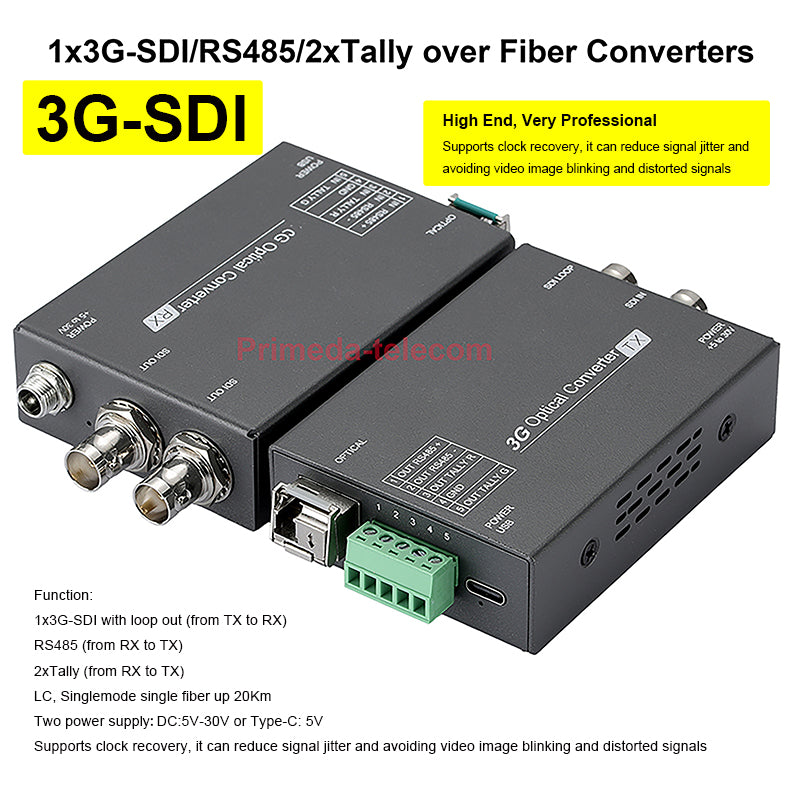 Portable 1x12G/3G-SDI Video /RS485/2xTally over Fiber Optic Converters Adapter LC SFP Singlemode Single Fiber up 10Km, Uncompressed HD Transmission No delay, with clock recovery, For UHDTV 4K 8K HDTV, A set