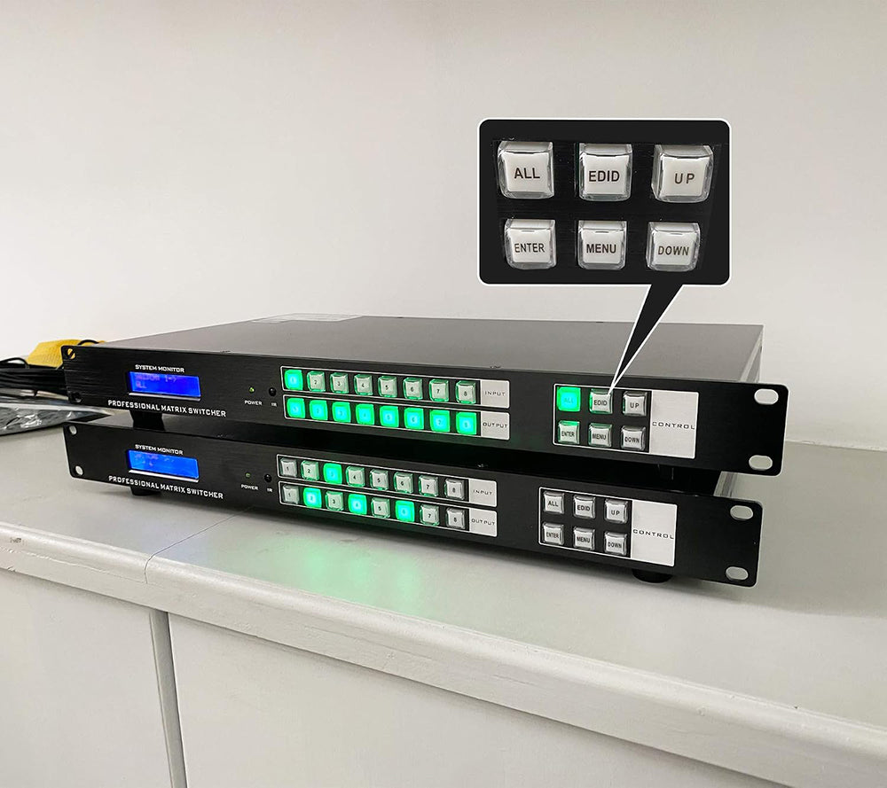 4K HDMI Matrix Switch 8x8 4K@30Hz Rack Mount Switcher Splitter with Backlit RS232 LAN Port & EDID, Support Web GUI, Built-in US ADI Chip (8 in 8 Out)