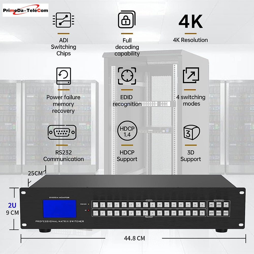 16x16 HDMI Matrix Switch 4K@30Hz, with Backlit RS232 LAN Port and EDID, Built-in US ADI Chip  (16 in 16 Out)
