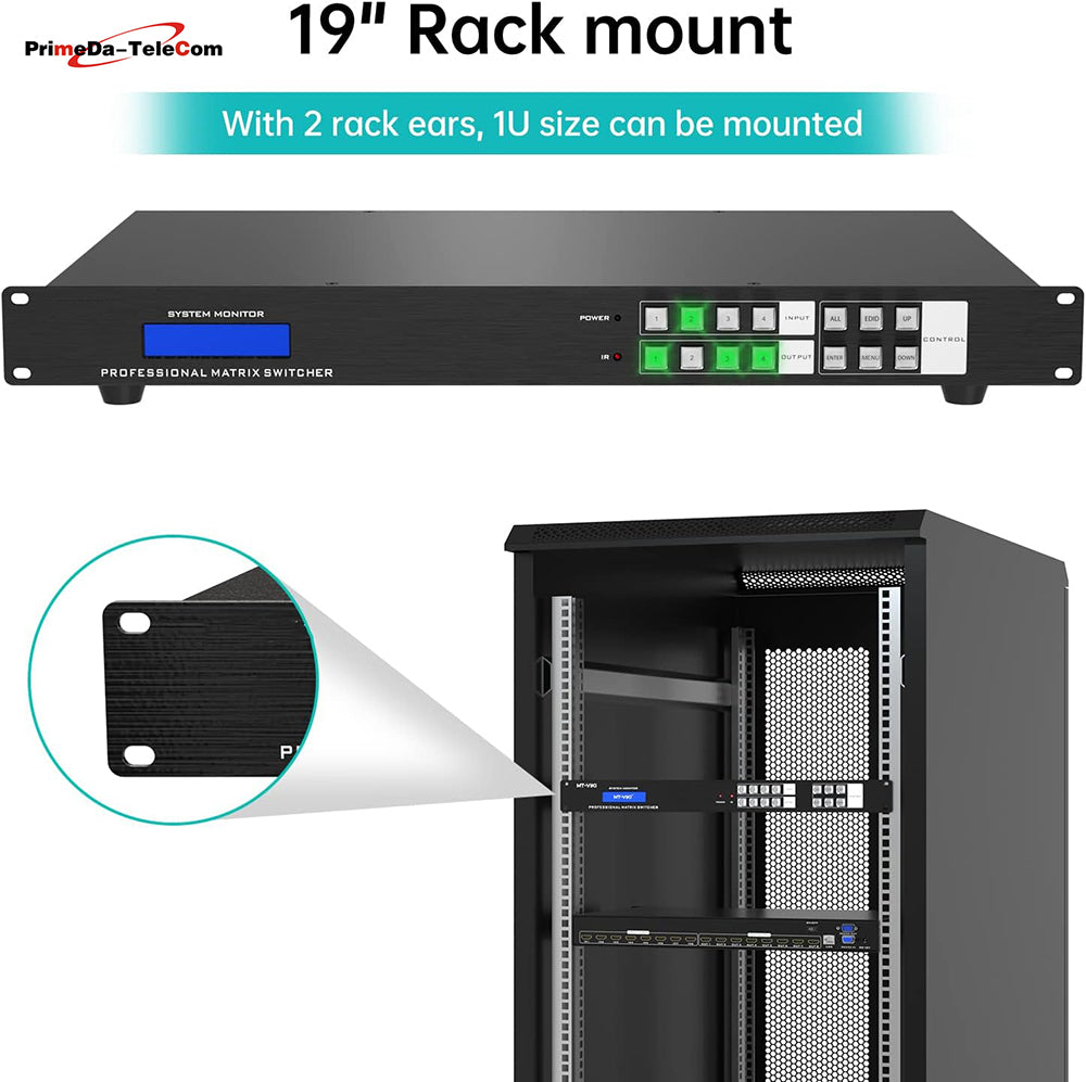 4K HDMI Matrix Switch 4X4, 4K 30Hz Rack Mount Switcher Splitter with Backlit RS232 LAN Port and EDID, Built-in US ADI Chip (4 in 4 Out)