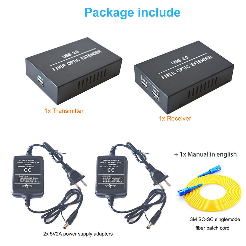 USB2.0 over fiber Extenders 1 in 2 out - 1x2 USB Fiber optic converters adapter splitter Singlemode single fiber up 20Km A set for U disk USB cameras printer scanner