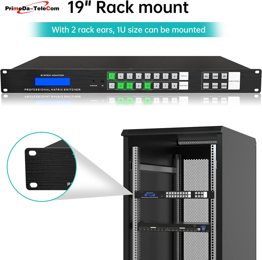 4K HDMI Matrix Switch 8x8 4K@30Hz Rack Mount Switcher Splitter with Backlit RS232 LAN Port & EDID, Support Web GUI, Built-in US ADI Chip (8 in 8 Out)
